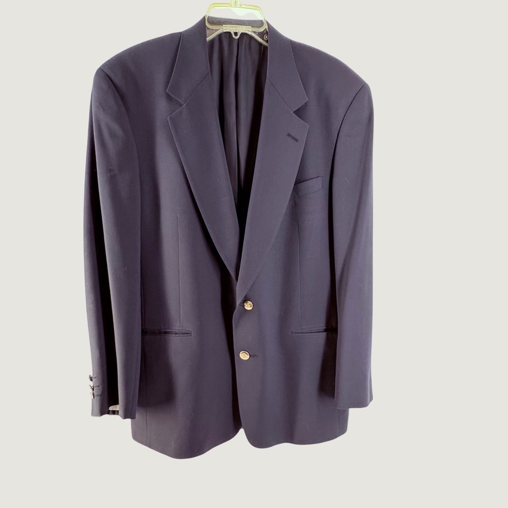 Vtg Krizia Blazer Mens Navy Blue Pure Virgin Wool Gold‎ Crest Buttons 44L